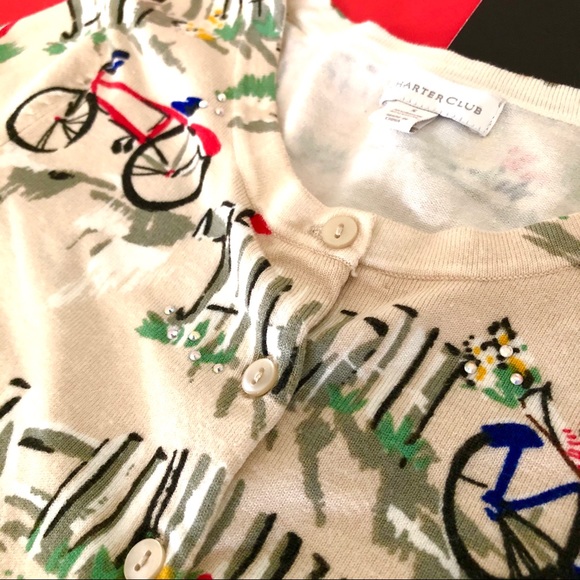 Charter Club cream bicycle pattern cardigan sweater - Picture 2 of 5